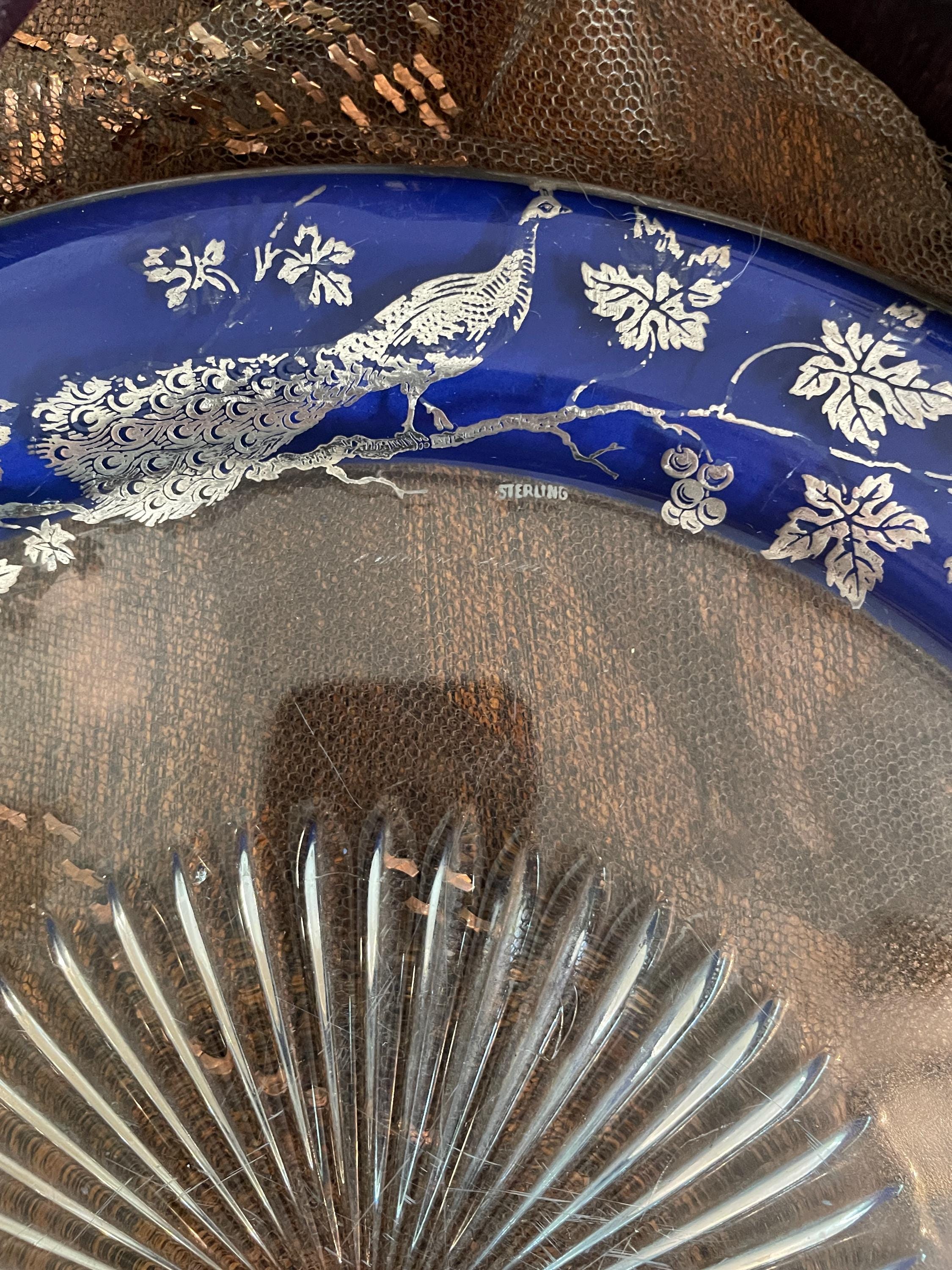 Vintage Sterling Blue Glass Plate Peacock Design Intricate Etching Detailed Glasswork Beautiful Antique Collector's Item Display Home Design