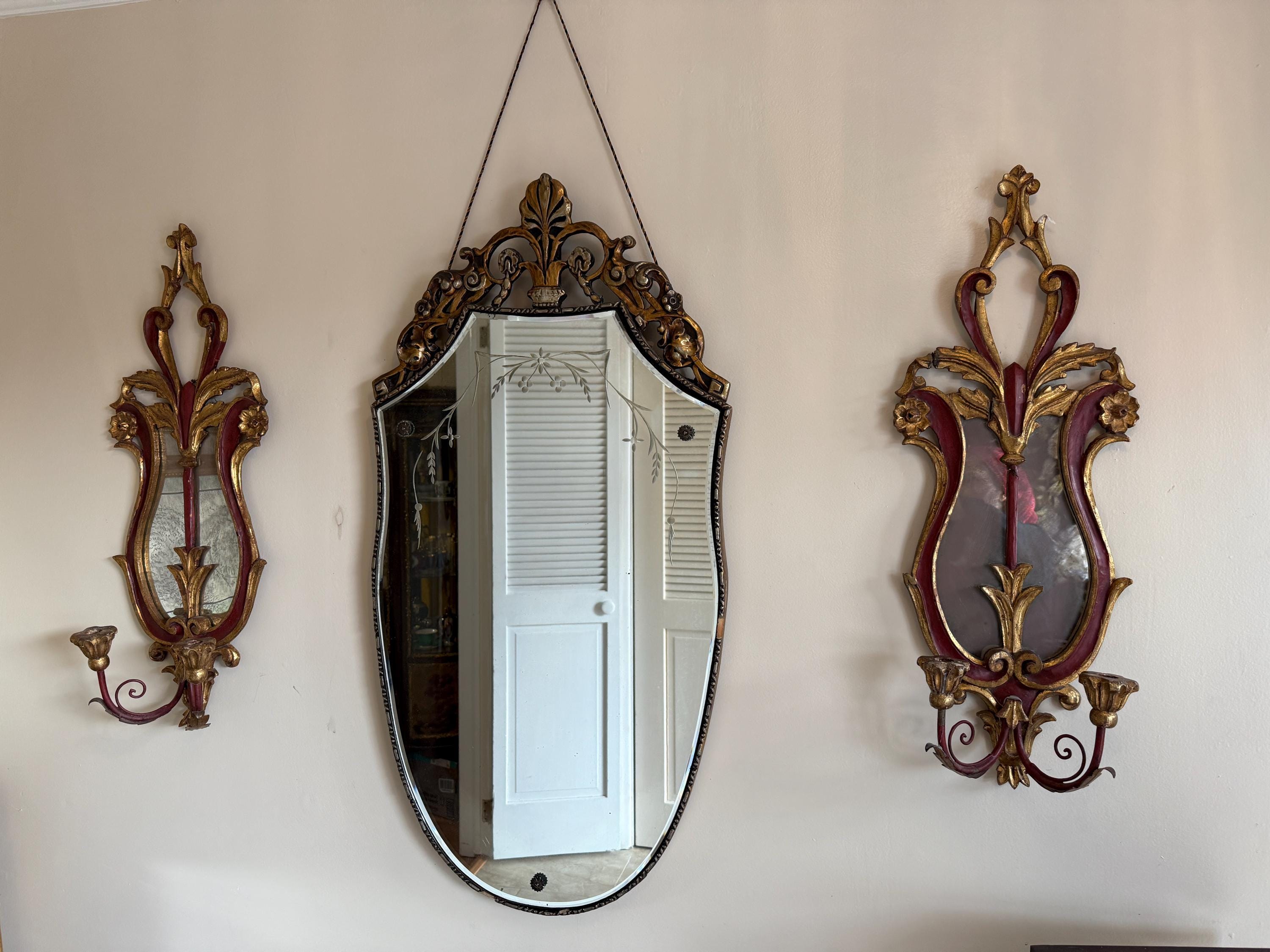 Antique Pair of French Style Rococo Design Wood Wall Candle Sconces Hand-Painted Red & Gold Gilded Pair, Baroque Style Candleholders