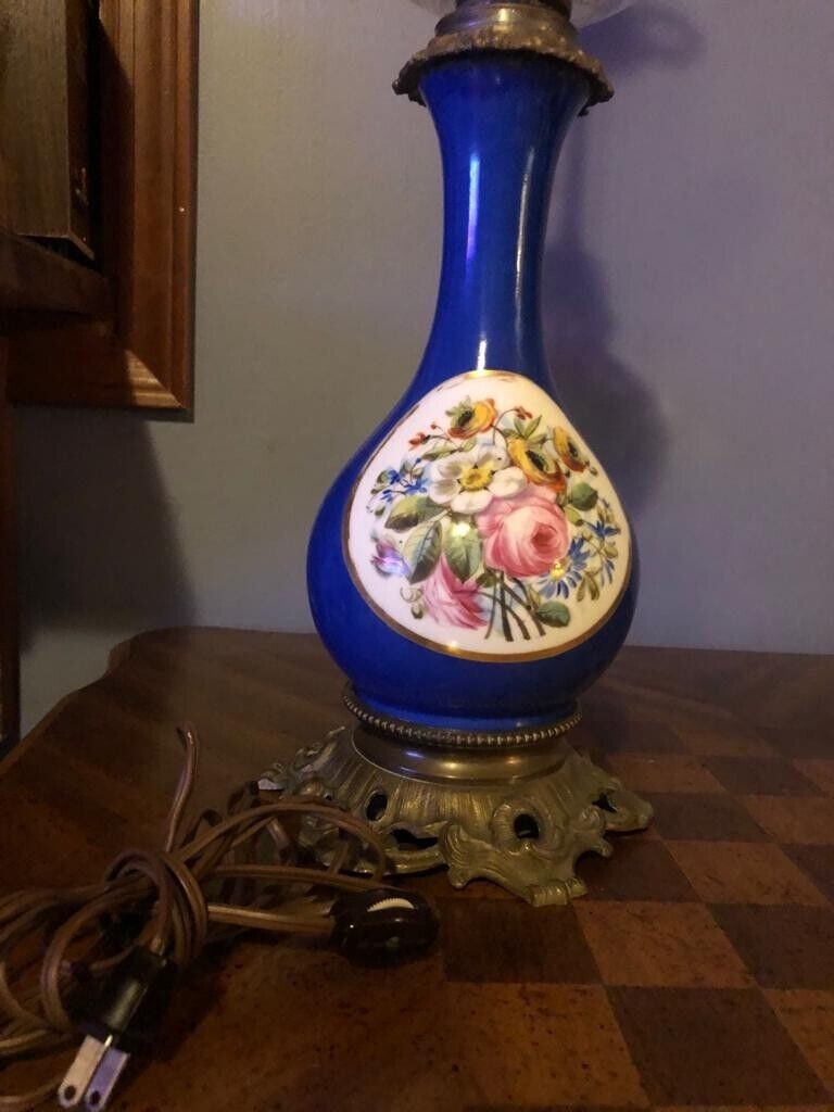 Pair Of Antique French Cobalt Blue Porcelain Table Lamps Hand Painted Floral Panels Ornate Brass Base Converted Electric Lighting Decor