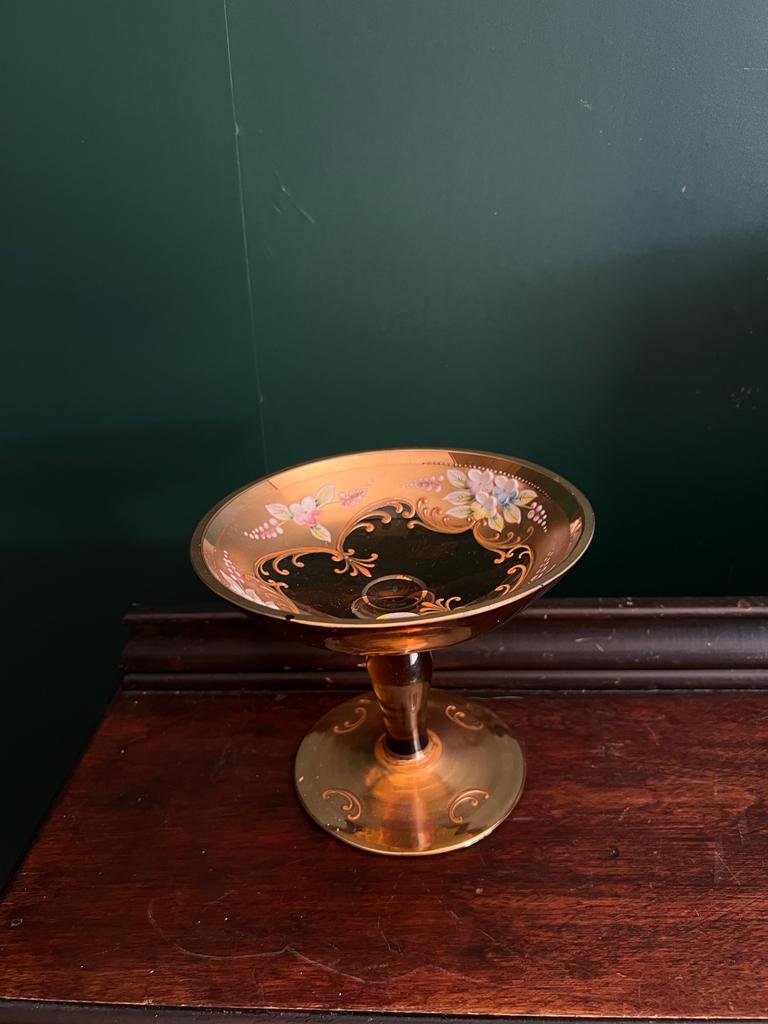 Bohemian Amber Glass Compote Dish Hand Painted Floral Enamel Pedestal Bowl Vintage Art Home Decoration Elegant Tableware Collector Display