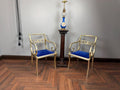 Pair Hollywood Regency Gilt Armchairs, Blue Velvet Seats, Neoclassical Scroll Accent Seating