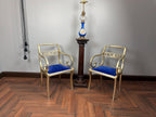 Pair Hollywood Regency Gilt Armchairs, Blue Velvet Seats, Neoclassical Scroll Accent Seating