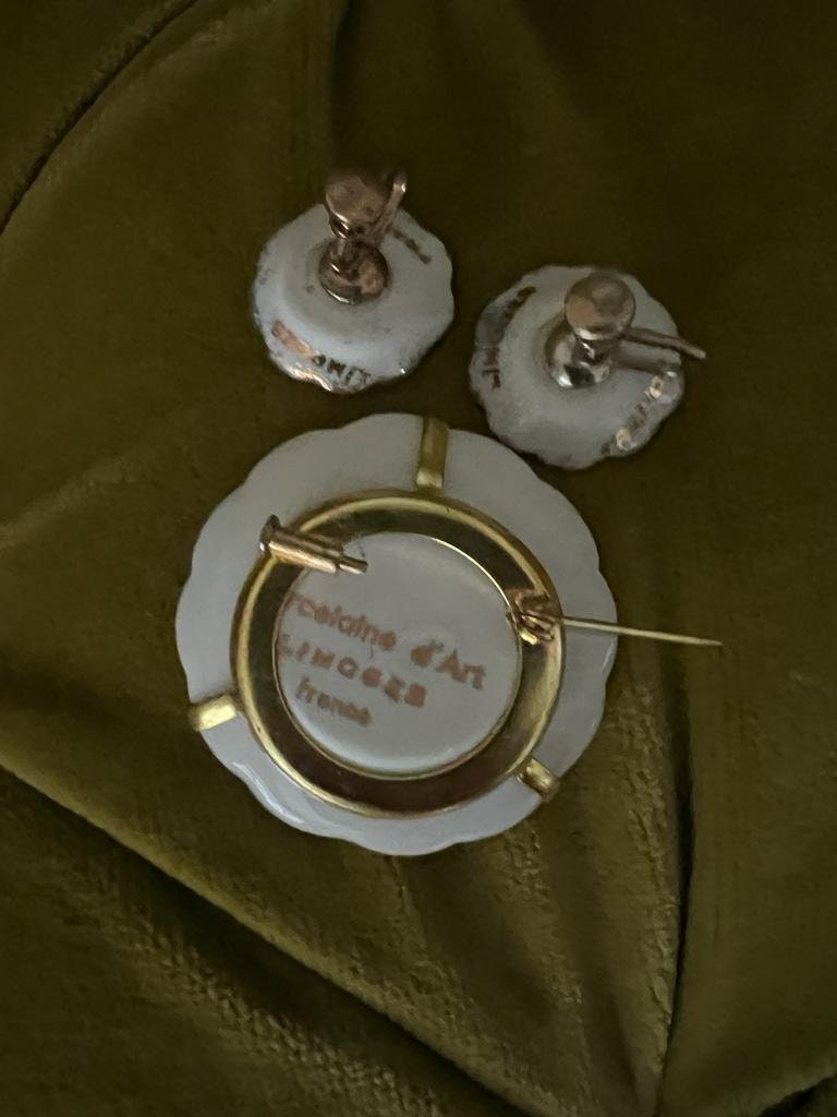 Vintage 1940s Limoges Hand Painted  Porcelain Cameo-like Trombone Clasp Screw Back Earrings and Brooch Set in Box Amazing Vintage Gift