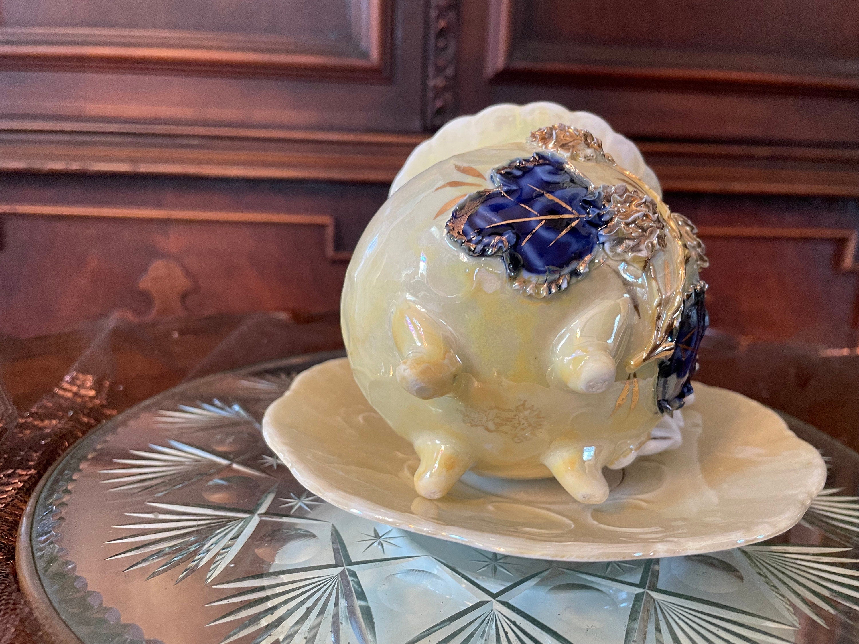 Antique Porcelain Floral Design Yellow Gold & Blue Teacup Saucer.