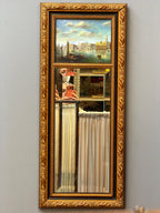 Antique Gilt Wood Mirror with Venetian Scene Painting, Ornate Gold Frame
