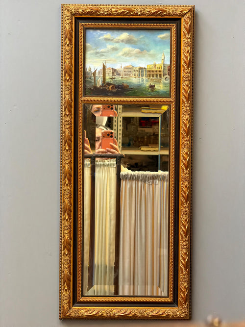 Antique Gilt Wood Mirror with Venetian Scene Painting, Ornate Gold Frame