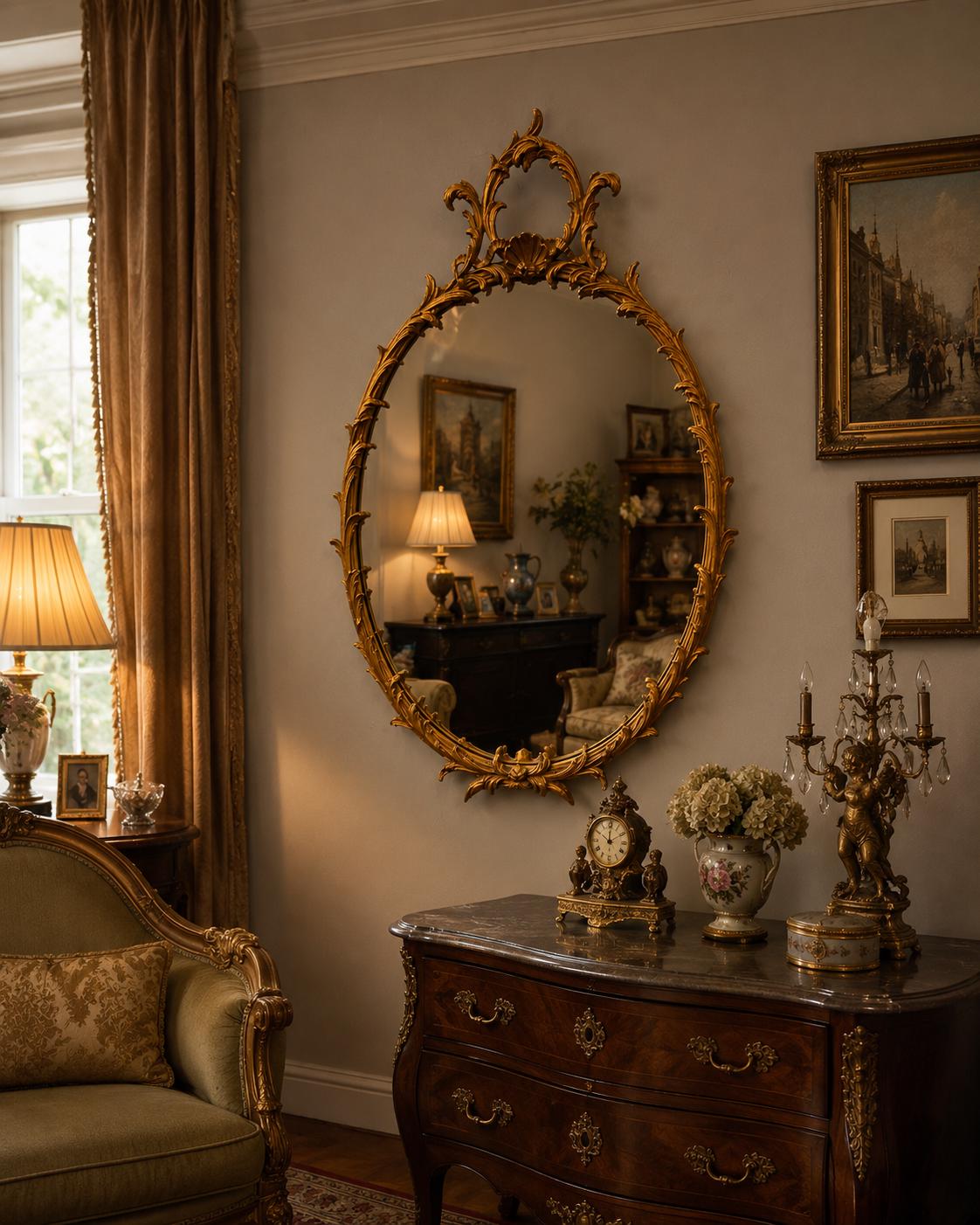 Vintage Rococo Revival Gilt Oval Wall Mirror Louis XV Style