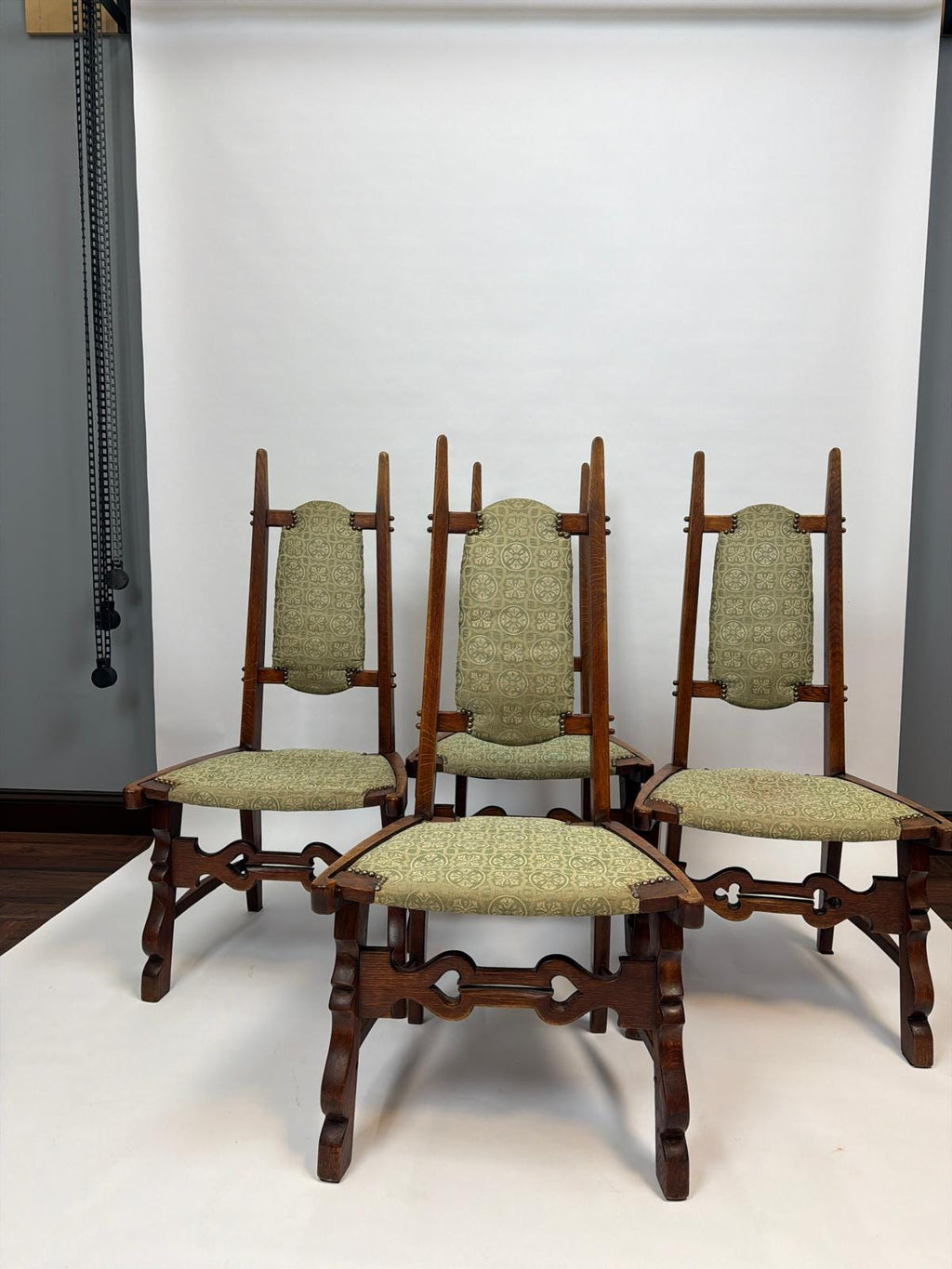 Set of 4 Antique Oak Gothic Revival Dining Chairs: Jacobean Style, French Provincial