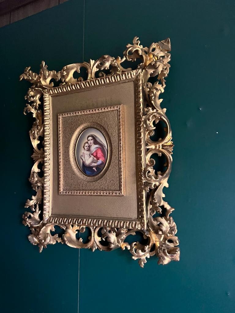 Antique KPM Porcelain Rare Oil Painting of Madonna on an Oval porcelain plaque Gold Gilwood Framed