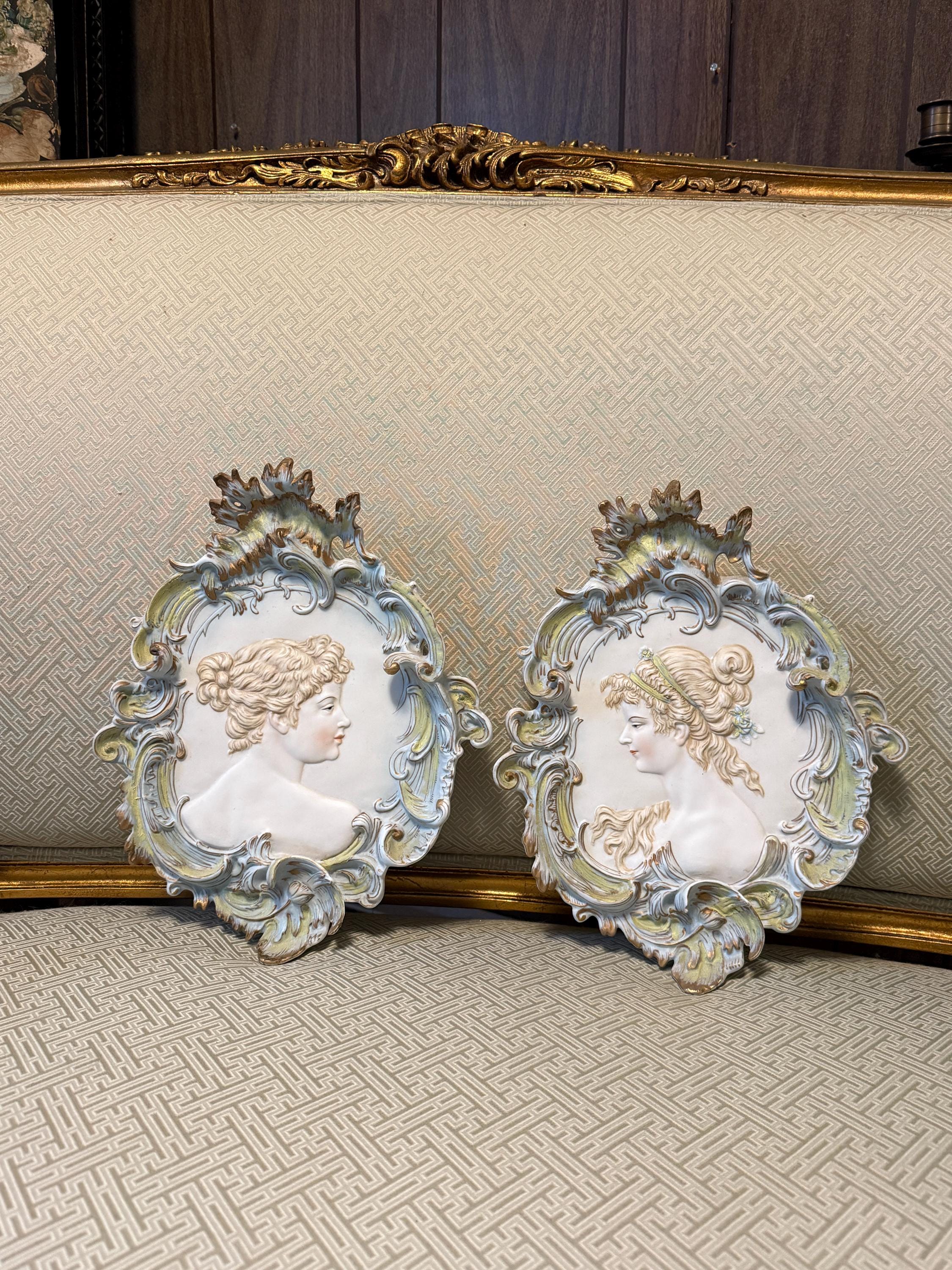 Vintage French Pair of Porcelain Lady Portrait Wall Art Home Decoration Porcelain Wall Plaques Victorian Cameo Relief Art Ornate Rococo Art