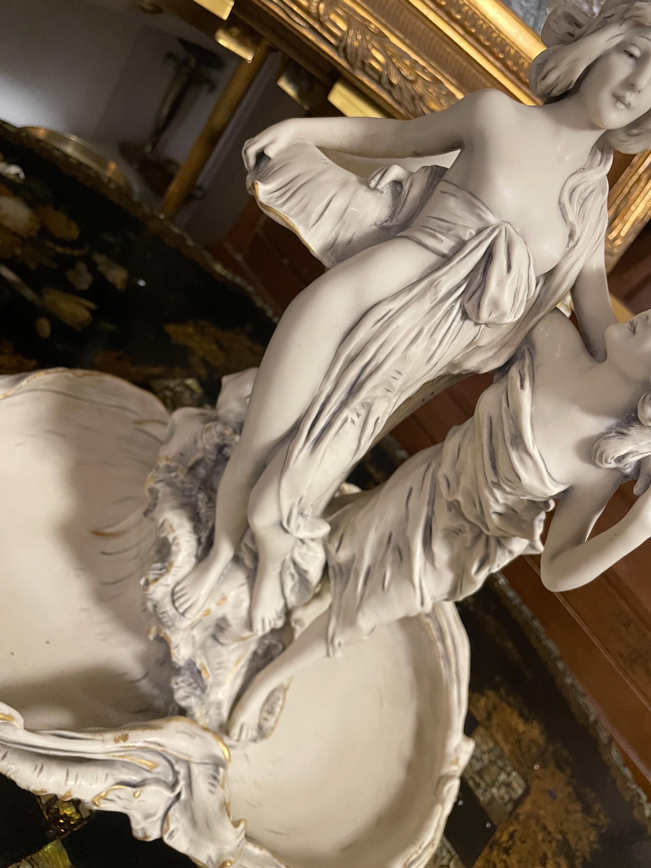 Vintage Italian Capodimonte Porcelain Figurine Centerpiece Dish with Art Nouveau Maidens Circa 20th Century Exquisite Collectible Home Decor