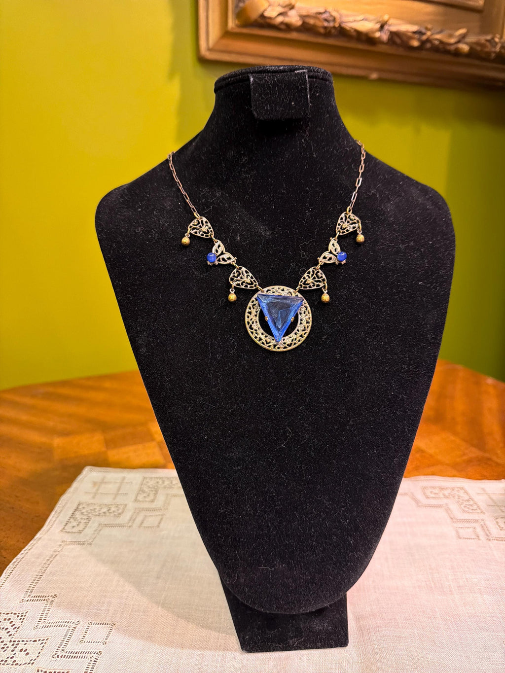 Vintage Art Deco Style Blue Glass Triangle Pendant Necklace Filigree Brass Statement Jewelry Unmarked Sterling Silver with Gold Wash