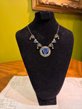 Vintage Art Deco Style Blue Glass Triangle Pendant Necklace Filigree Brass Statement Jewelry Unmarked Sterling Silver with Gold Wash