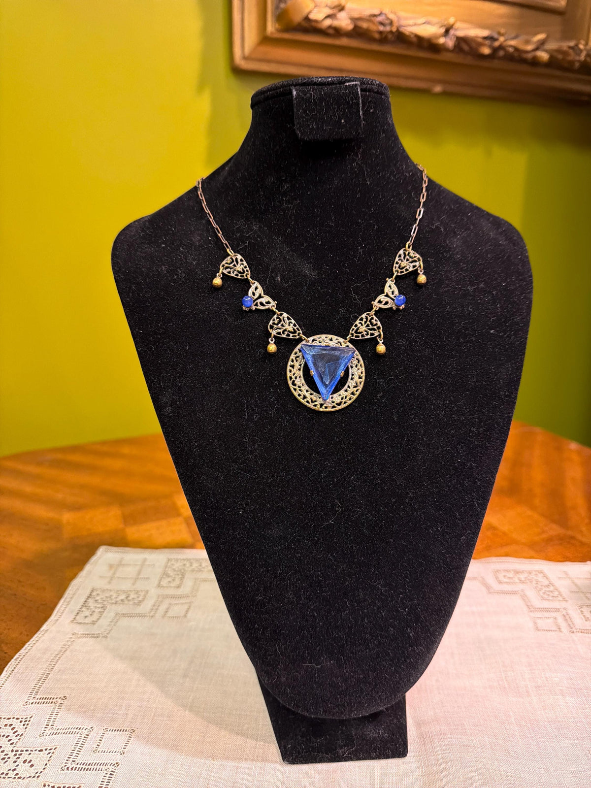 Vintage Art Deco Style Blue Glass Triangle Pendant Necklace Filigree Brass Statement Jewelry Unmarked Sterling Silver with Gold Wash