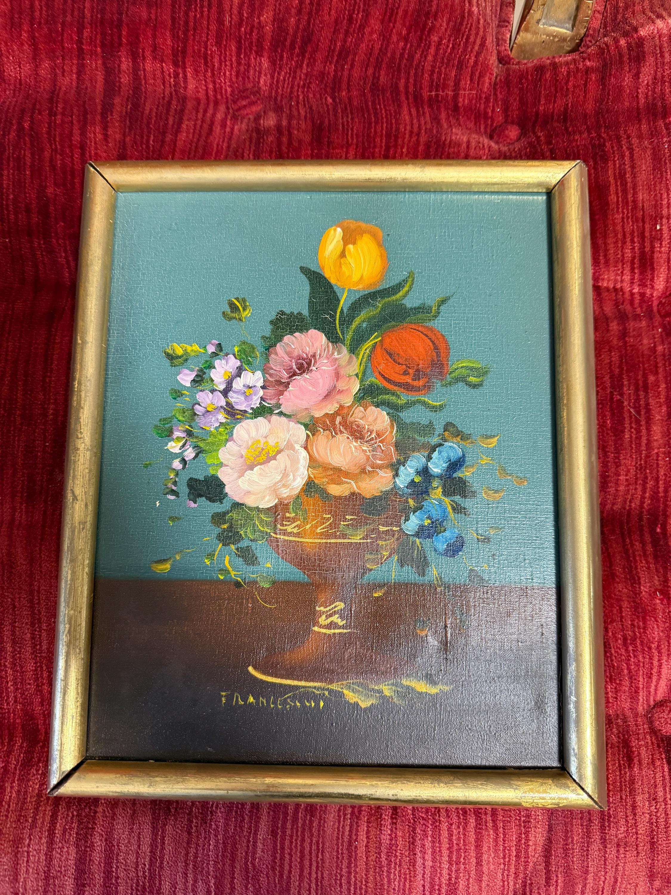 Vintage Floral Oil Painting Wall Art Collectible Signed Artwork Floral Still Life Oil Painting Francesco Wood Gilded Frame European Artwork