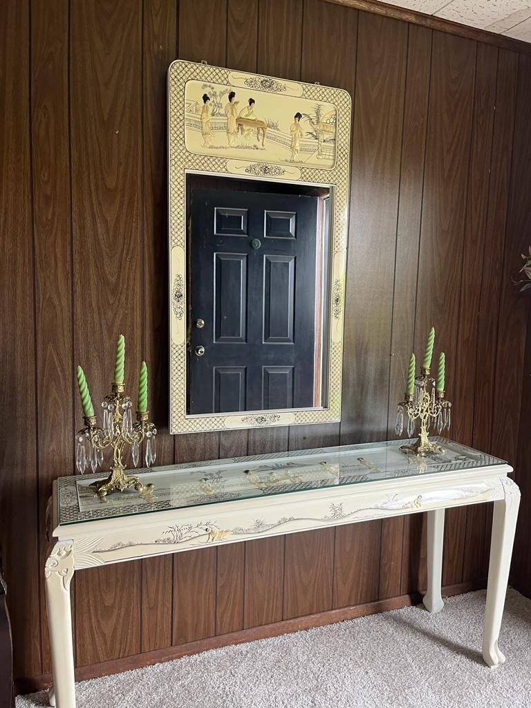 Vintage Asian Console Table Mirror Set Hand Painted Glass Top Cream Lacquer Ornate Scene Decoration Hollywood Regency Entryway Piece