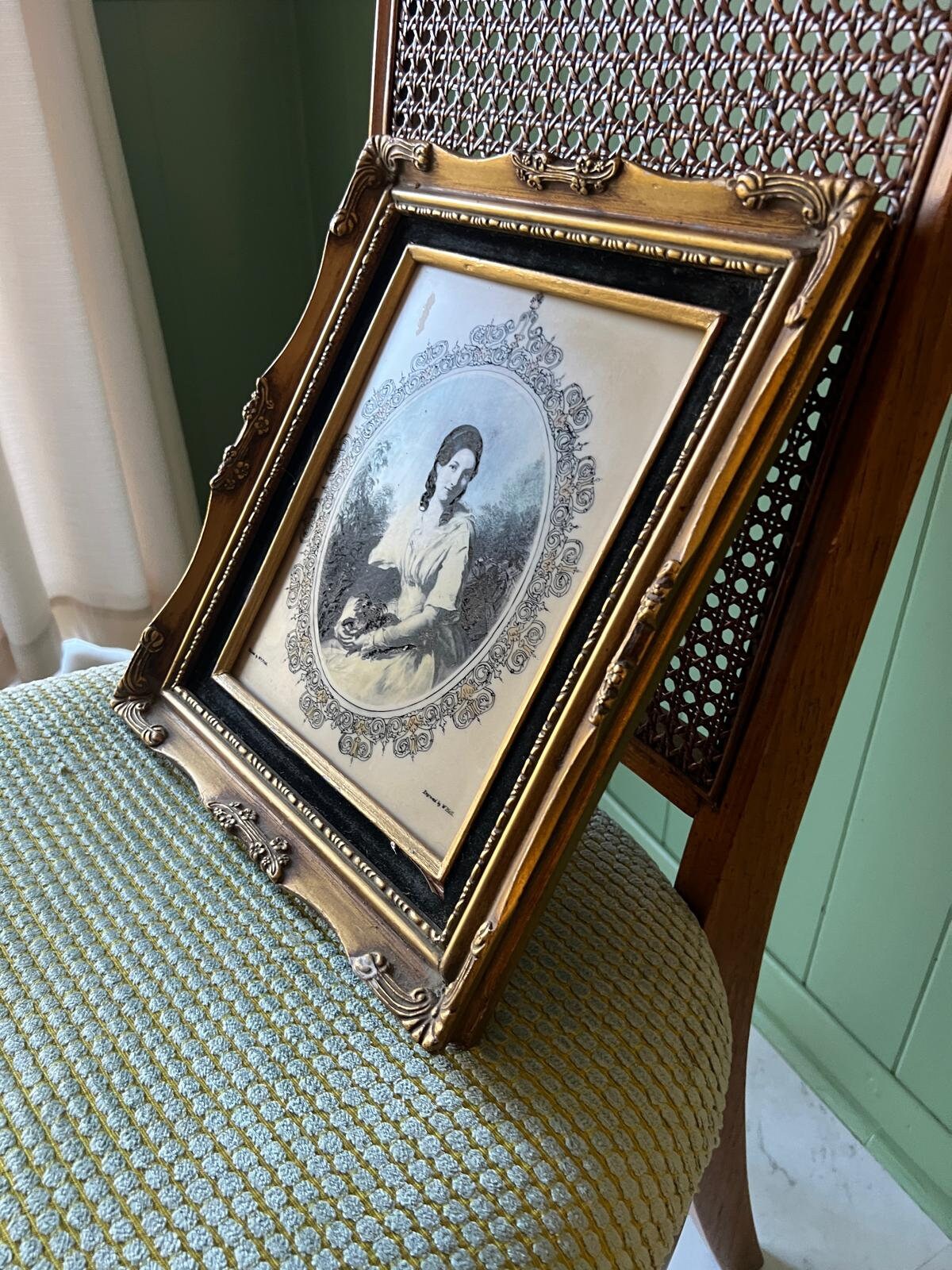 Victorian Style Ornate Framed Portrait Print Wall Art Featuring Woman Holding Flowers Antique Gold Frame Decorative Vintage Home Decor