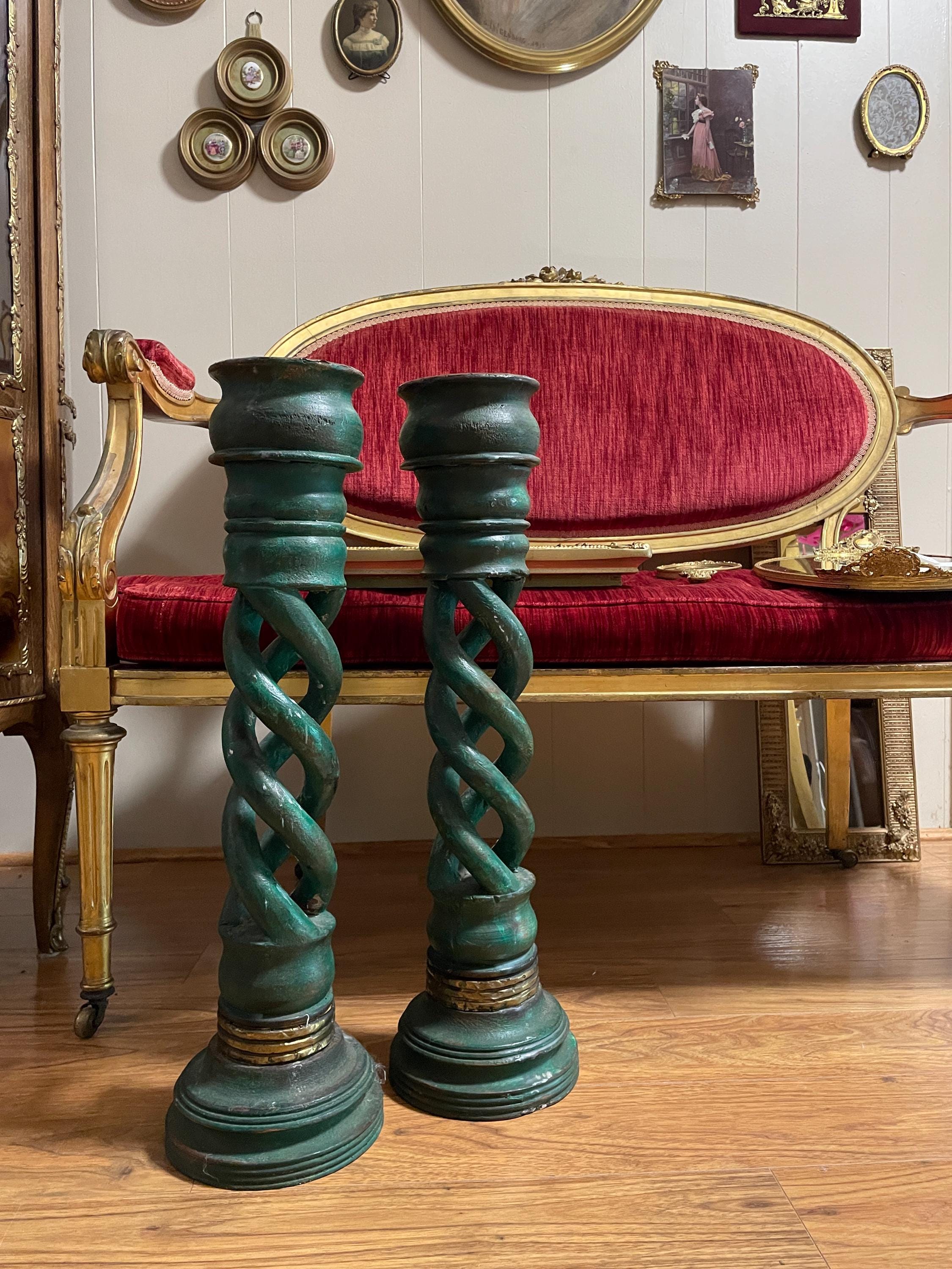 Vintage Green Twisted Candleholders Pair Brass Accents Unique Home Decor Classic Design Statement Lighting Antique Elegant Candle Sticks