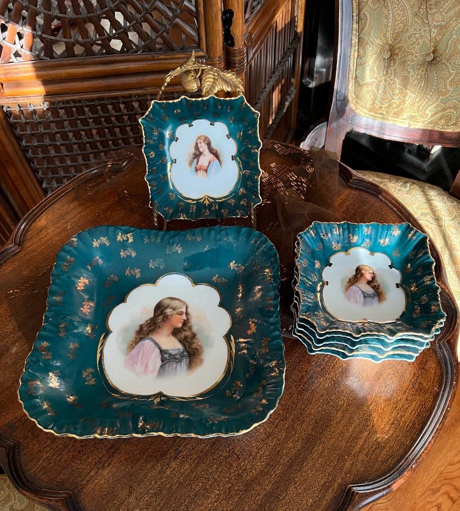 Antique Teal Porcelain Plate Set Hand Painted Lady Portrait Gold Gilded Victorian Decorative Dishware French Style Unique Wall Display