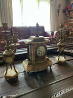 19th Century Alabaster Brass Mantel Clock Set Decorative Antique French Candelabra Pair Elegant Gilded Classical Style Home Display Decor