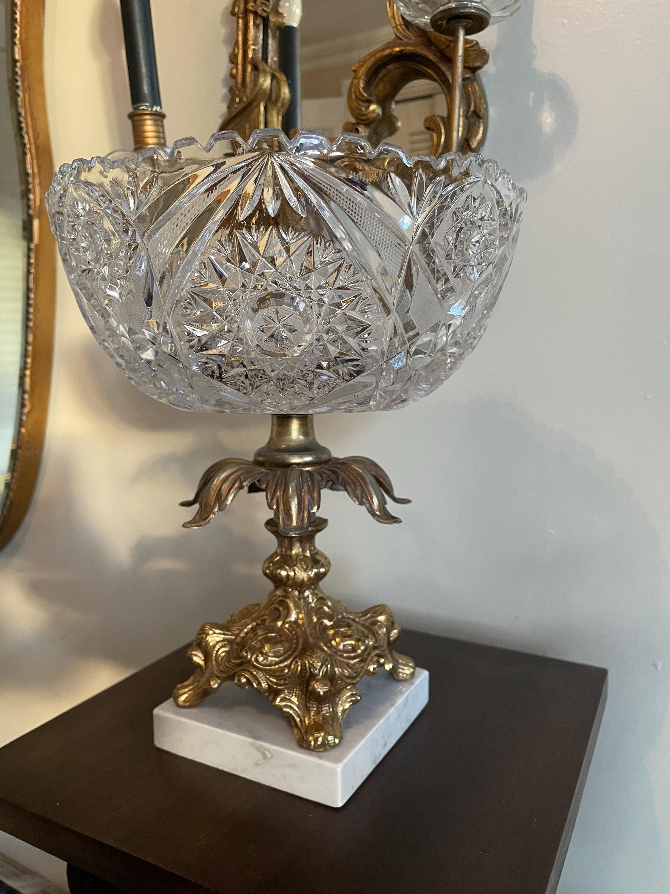Vintage Crystal Cut Glass Bowl on Ornate Brass Marble Base Stunning Centerpiece Decorative Accent Classic Style Elegant Display Decoration