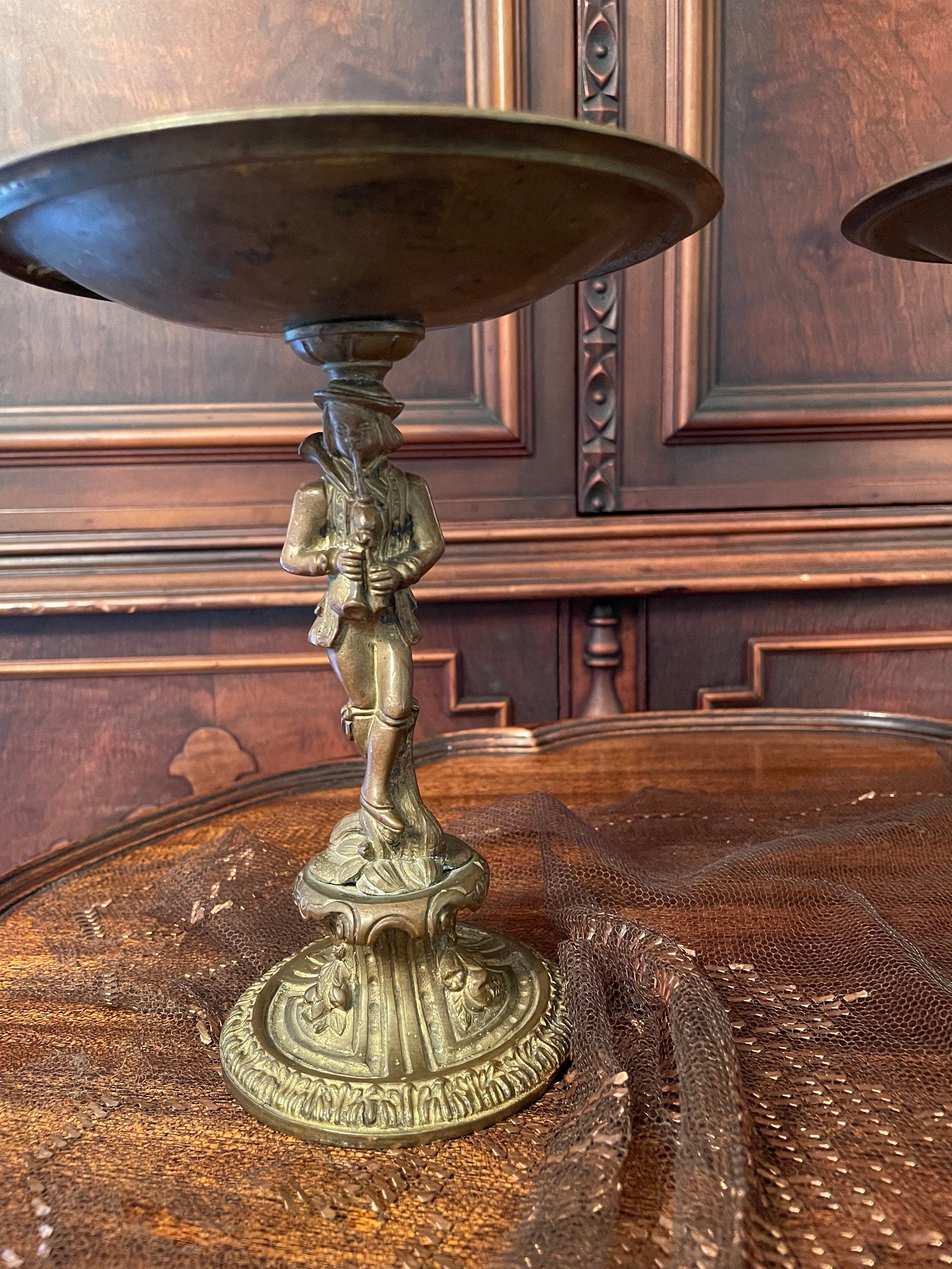 Antique Brass Compote Dish Pair Elegant Detailed Stands Featuring Classical Musician Figures Vintage French Style Home Decoration Accent