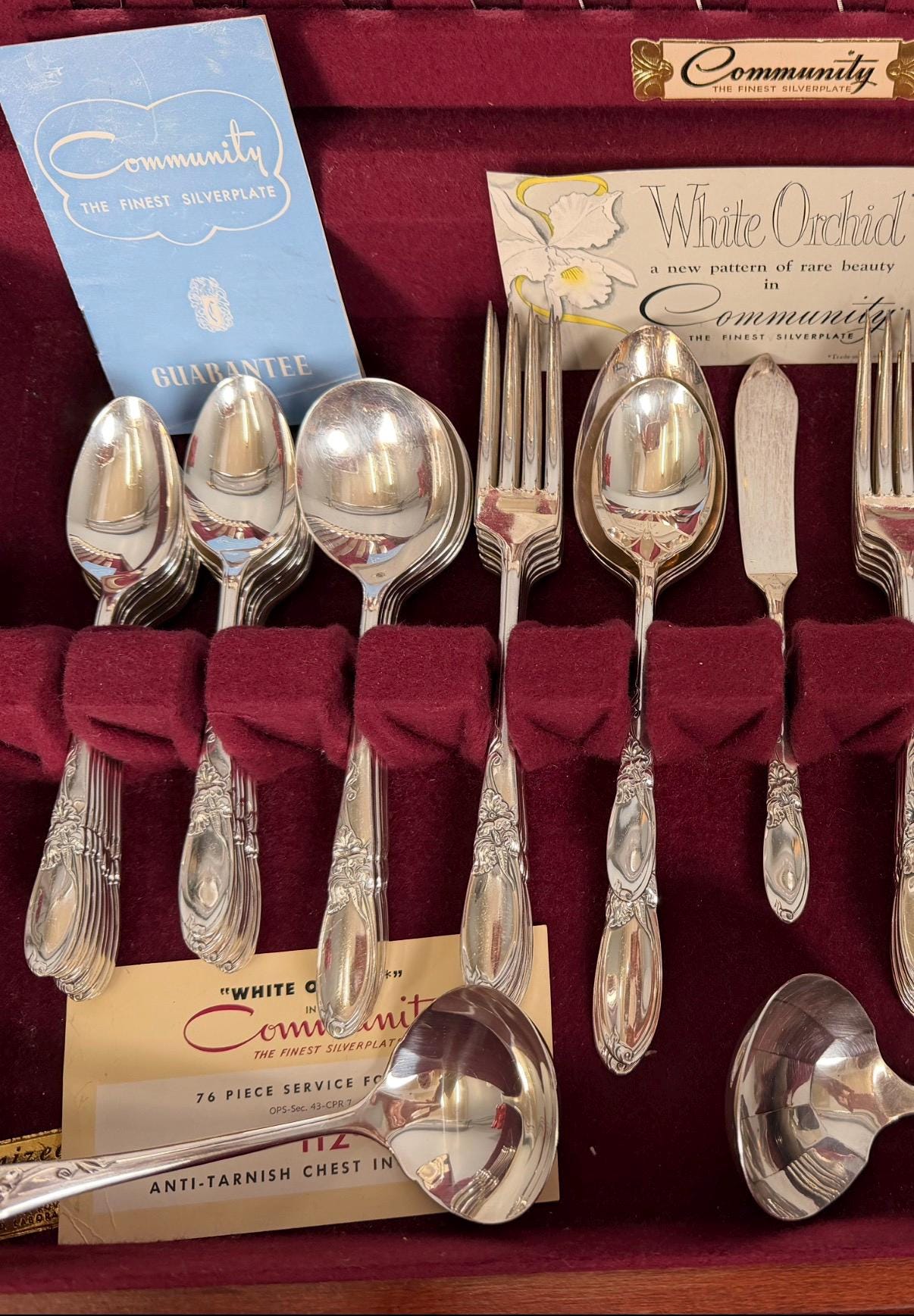 Vintage Community Plate White Orchid Silverplate Flatware Set in Original Wood Chest 76 Piece Floral Service