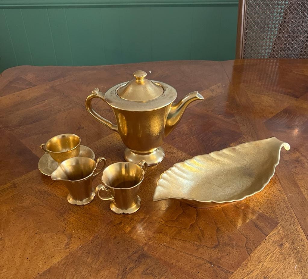 Vintage Gold Lusterware Tea Set Porcelain Coffee Pot Cups Creamer Sugar Bowl Tray Mid Century Elegant Display Collectible Japan Decoration