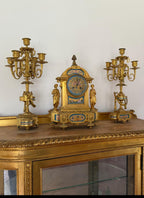 Antique French Ormolu Clock Candelabra Garniture Set Late 19th Century Cloisonné Enamel Sevres  Porcelain Clock  Set Luxurious Home Decor