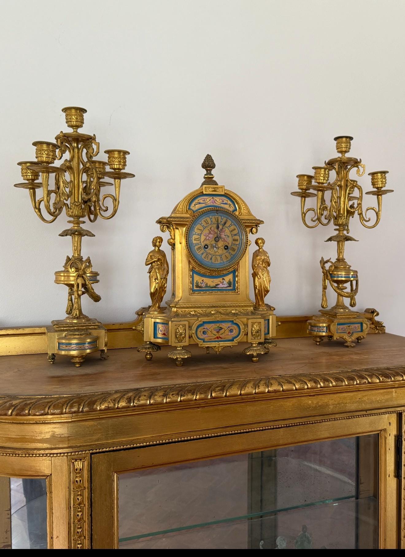 Antique French Ormolu Clock Candelabra Garniture Set Late 19th Century Cloisonné Enamel Sevres  Porcelain Clock  Set Luxurious Home Decor