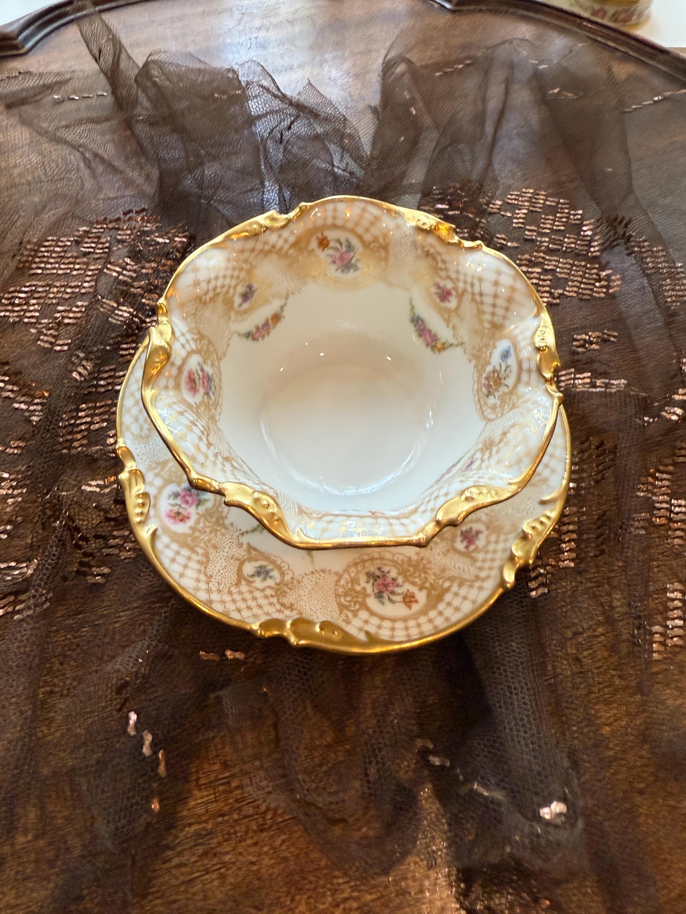 Antique French Limoges Porcelain Bowl Attached Underplate One-Piece Bowl Saucer Hand Painted Roses & Gold Gilt Serving Dish fixed Under-tray