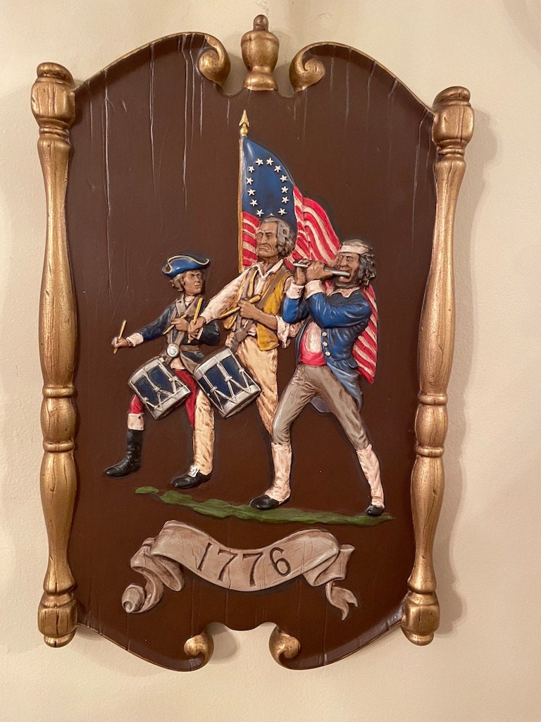 Vintage The Spirit Of 76 Hanging Porcelain Wall Plaque American Flag Gold Brown Colored 15"9"
