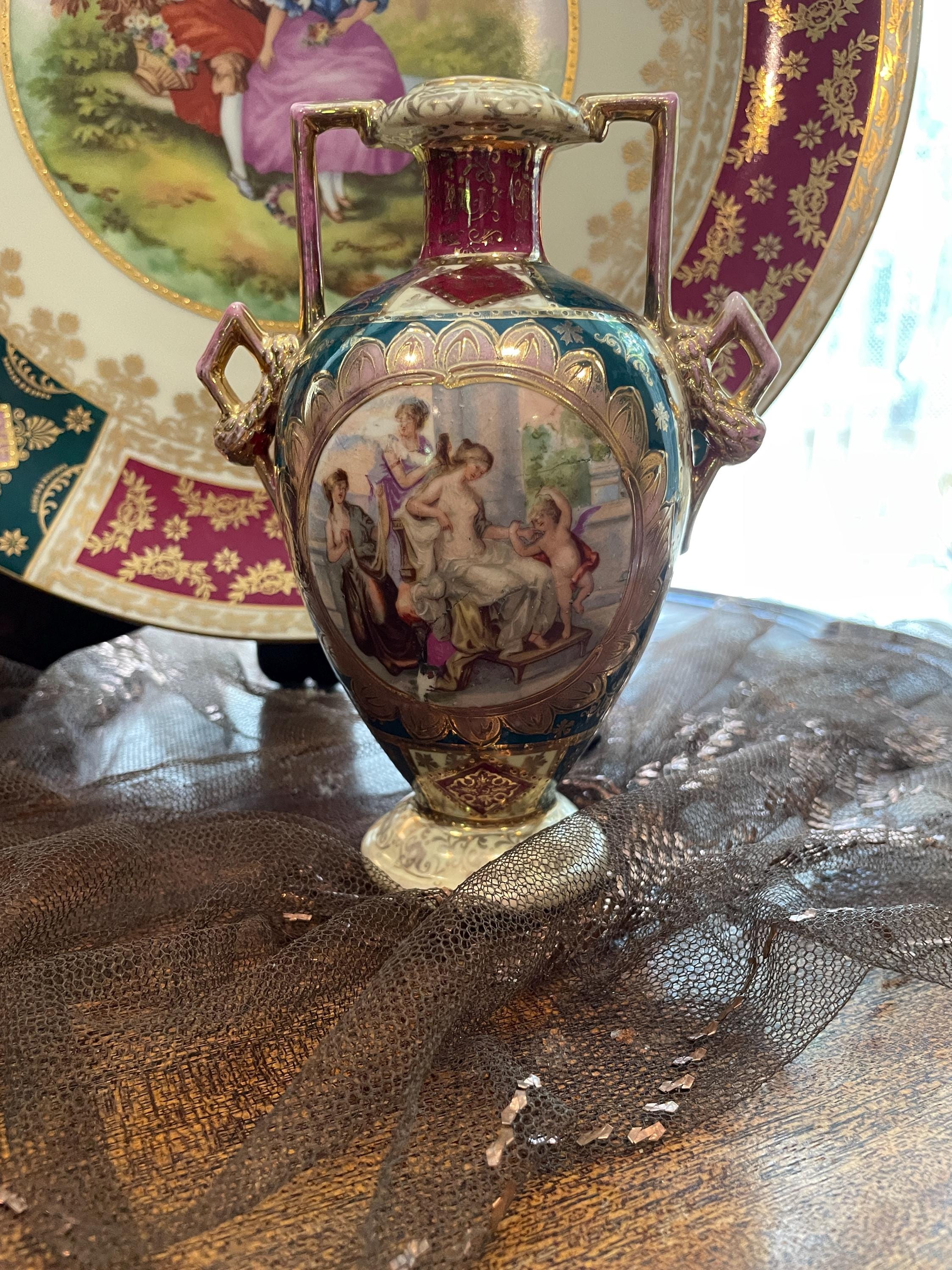 Vintage Decorative Porcelain Plate Vase Set Hand Painted Romantic Couple Scene Gold Accents Burgundy Green Baroque Classical European Style