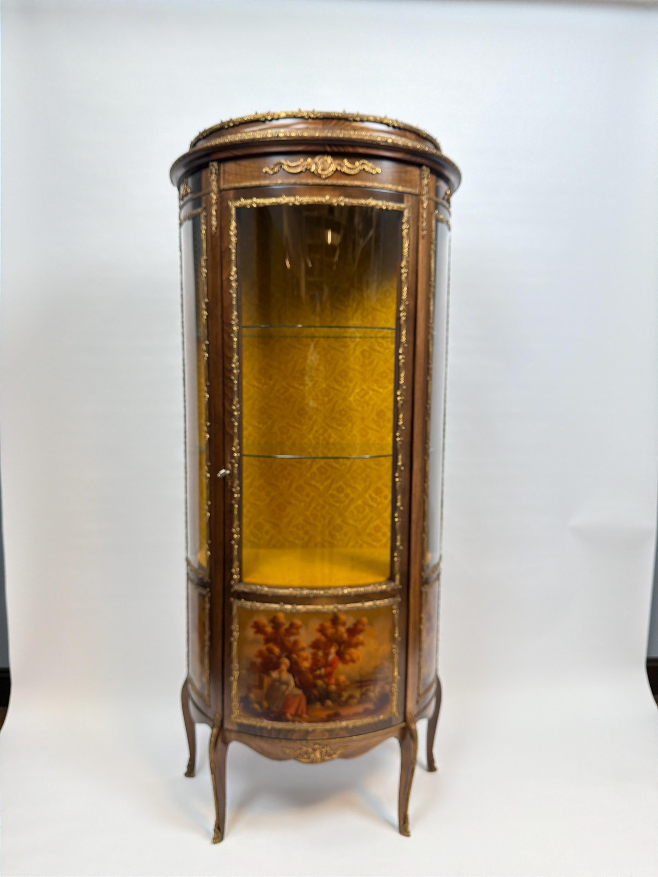 Antique French Louis XV Style Vitrine, Curved Glass Display Cabinet with Hand Painted Panel