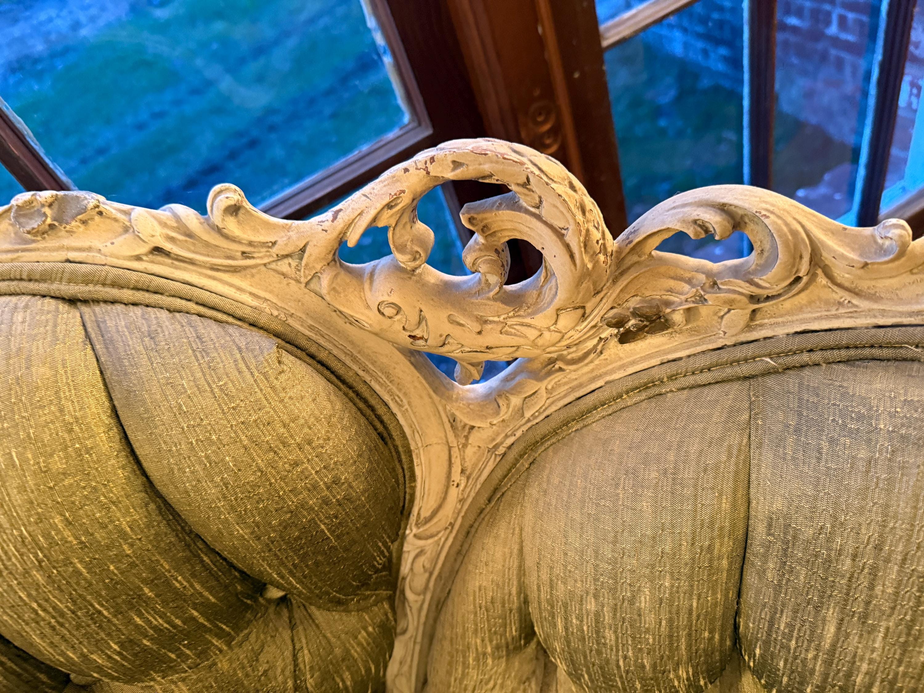 Antique French Louis XV Style Tufted Canapé  Antique French Sofa Ornate Carved Frame Reupholstery Louis XV Style Circa 1900s Luxurious Sofa