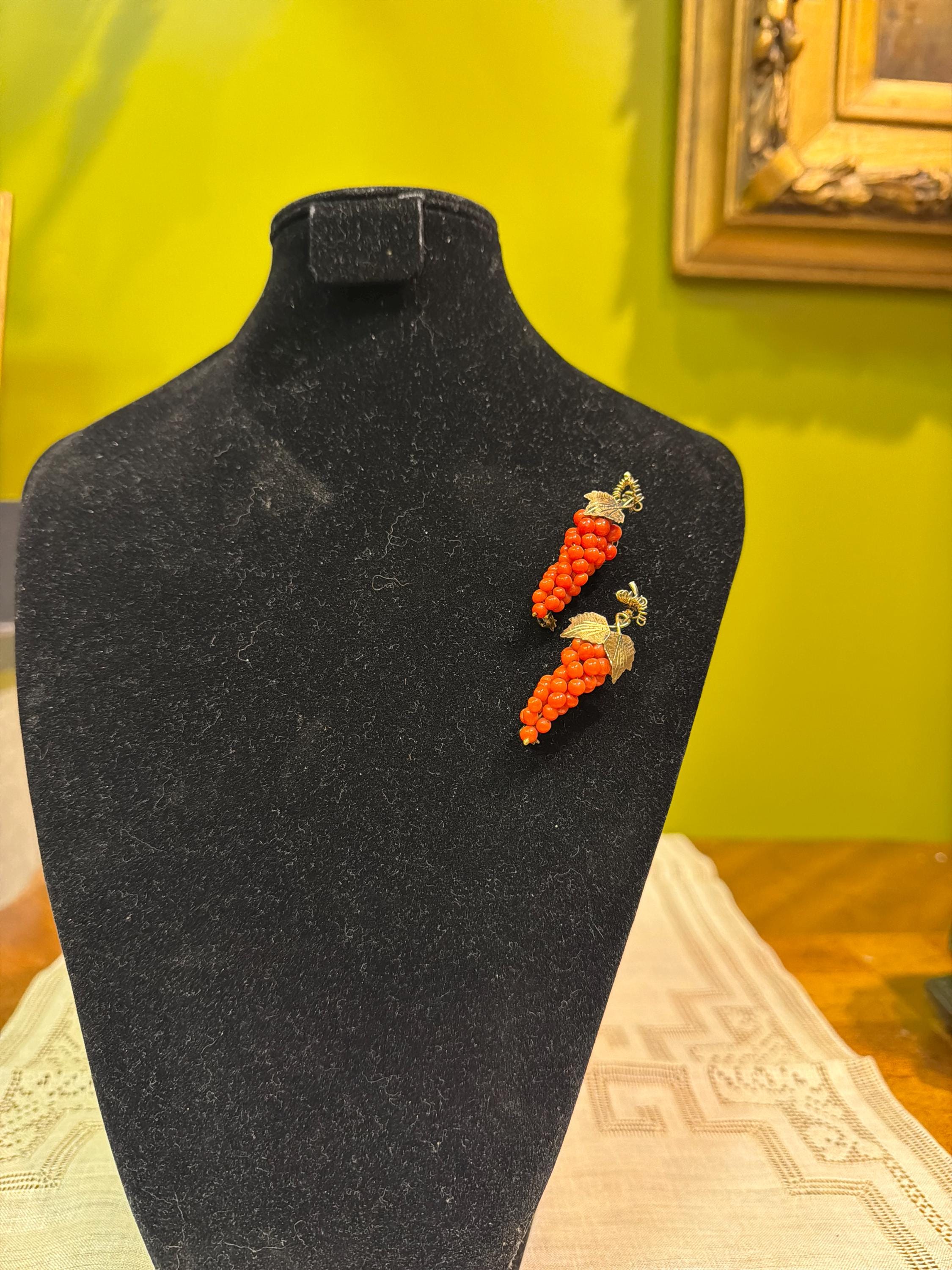 Vintage Italian 800 Silver Grape Cluster Dress Clips Pair Coral Bead Fruit Brooch Mid Century Jewelry