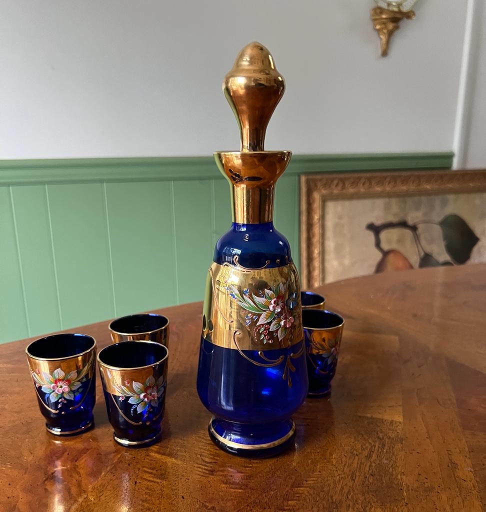 Vintage Cobalt Blue Glass Decanter Set Gold Floral Enamel Bohemian Style Barware Elegant Home Decoration Mid Century Gift Idea Collectible