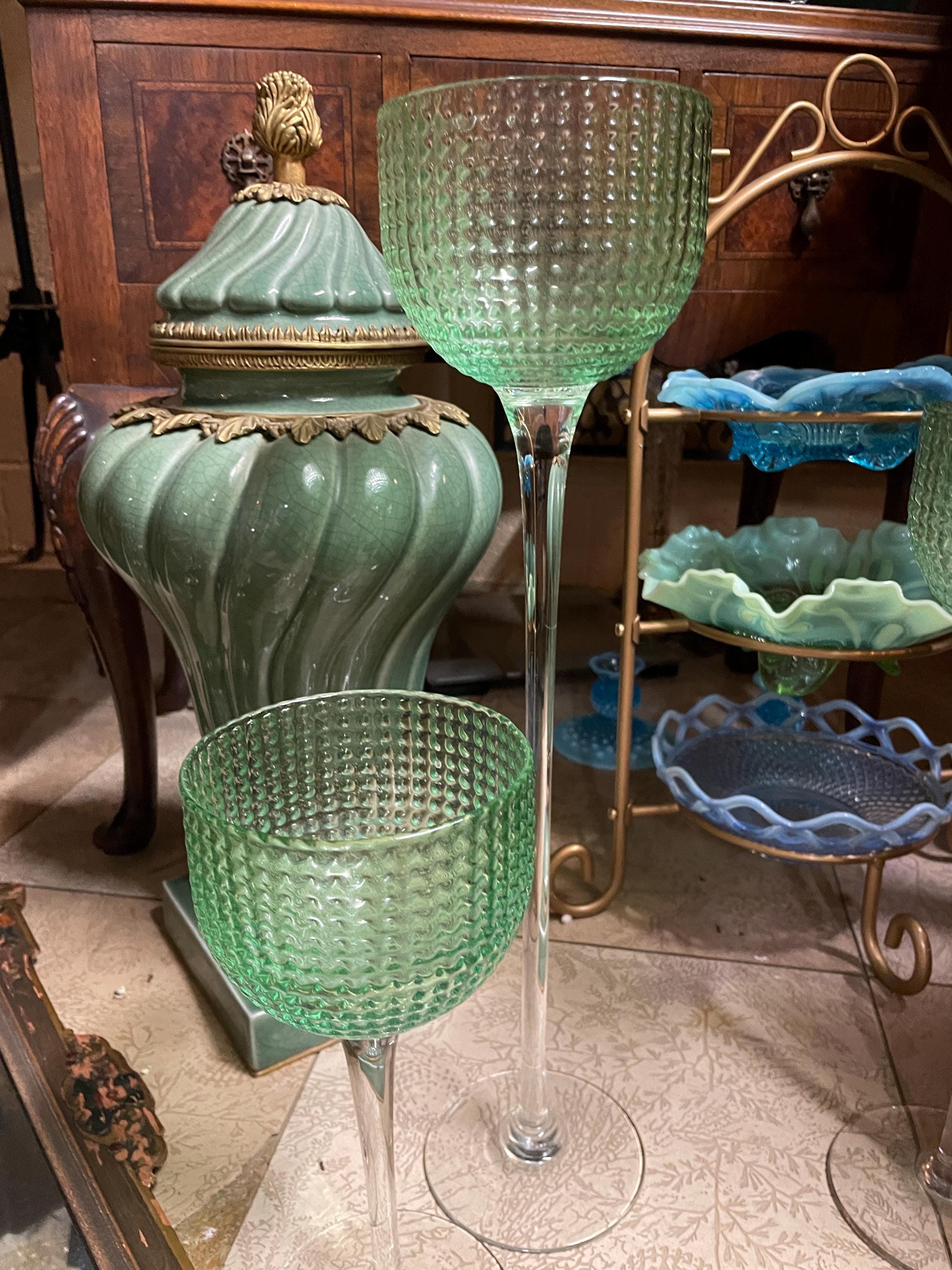 Vintage Tall Green Hobnail Glasses Set of 5 Cocktail Art Deco Glassware Goblets Multi-Purpose Glasses Decorative Vases Candlestick Holders