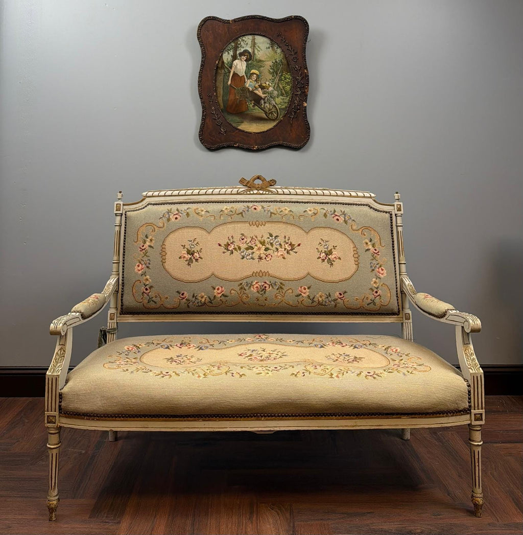 Vintage French Settee – Louis XVI Style Floral Needlepoint Loveseat