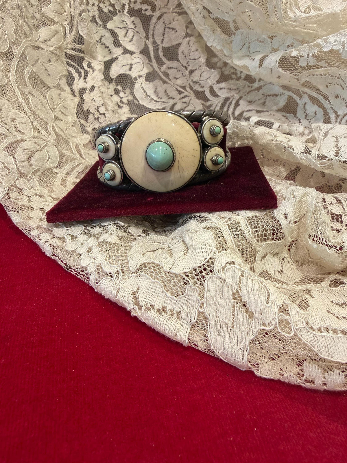 Vintage Southwestern Style Turquoise Cuff Bracelet Bone Inlay Silver Tone