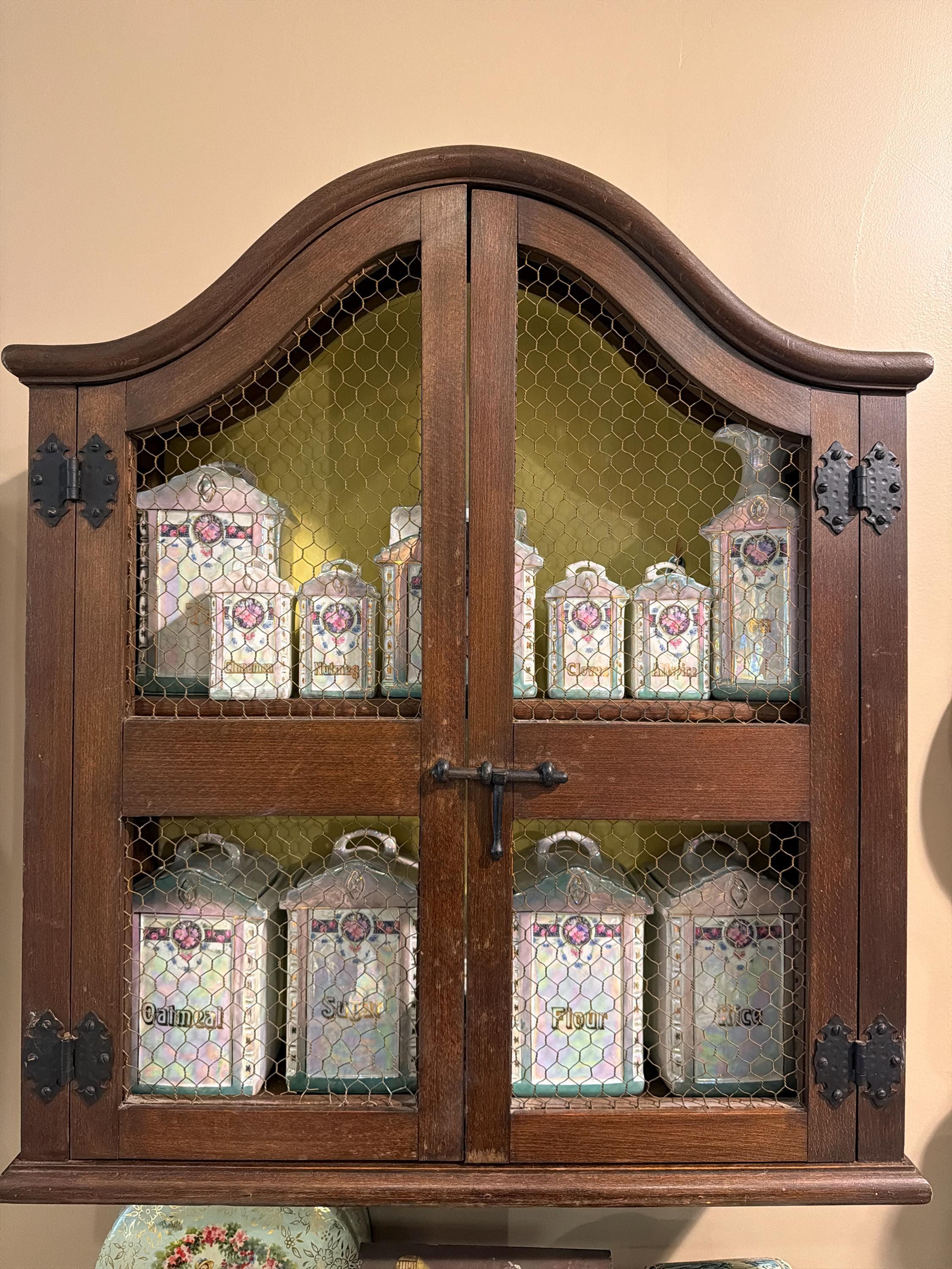 Antique Lusterware Spice Cabinet Set Complete Kitchen Canisters Farmhouse Wall Cabinet Chicken Wire 1920s 1930s
