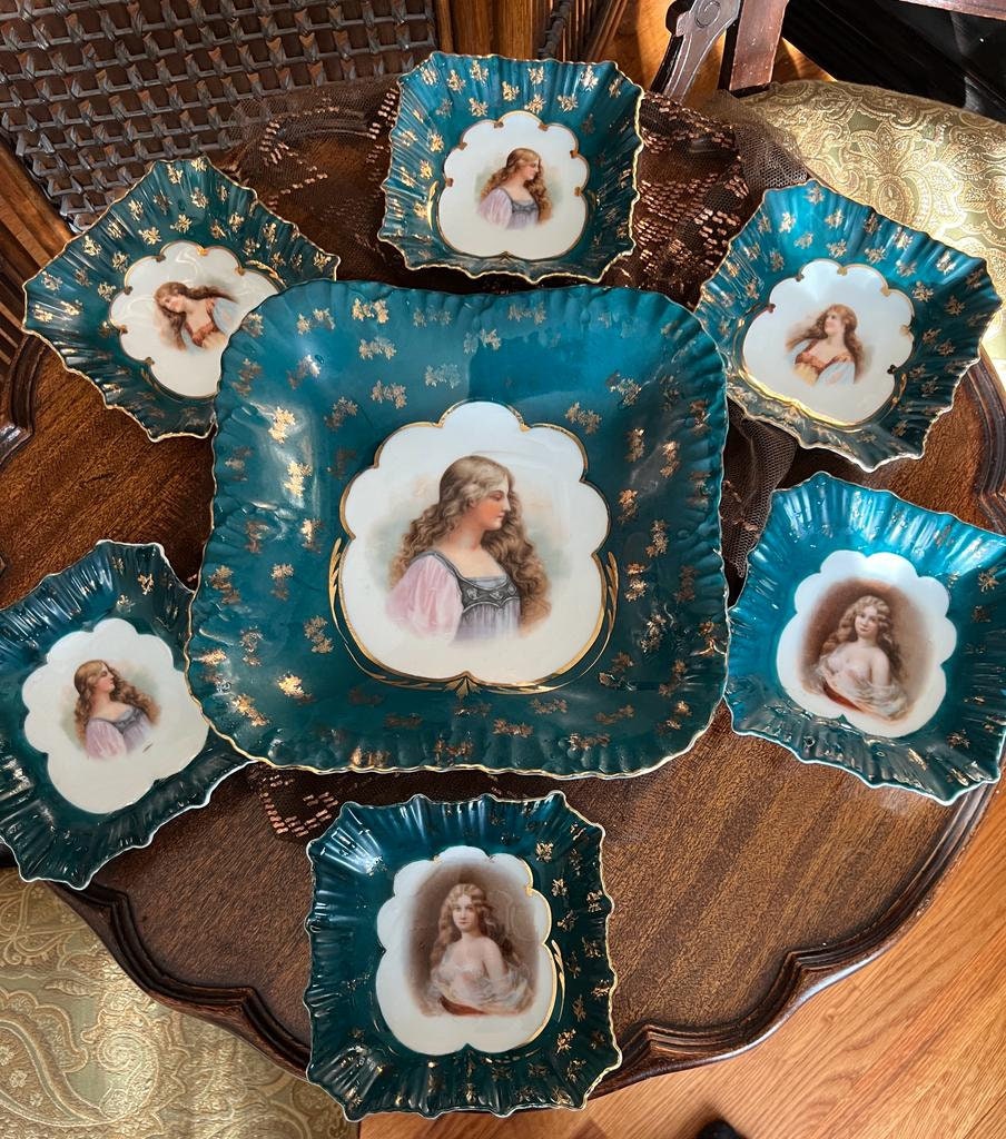 Antique Teal Porcelain Plate Set Hand Painted Lady Portrait Gold Gilded Victorian Decorative Dishware French Style Unique Wall Display