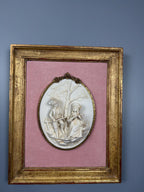 Antique Bisque Porcelain Wall Plaques Pair, French Rococo Gilt Framed Romantic Scene Panels