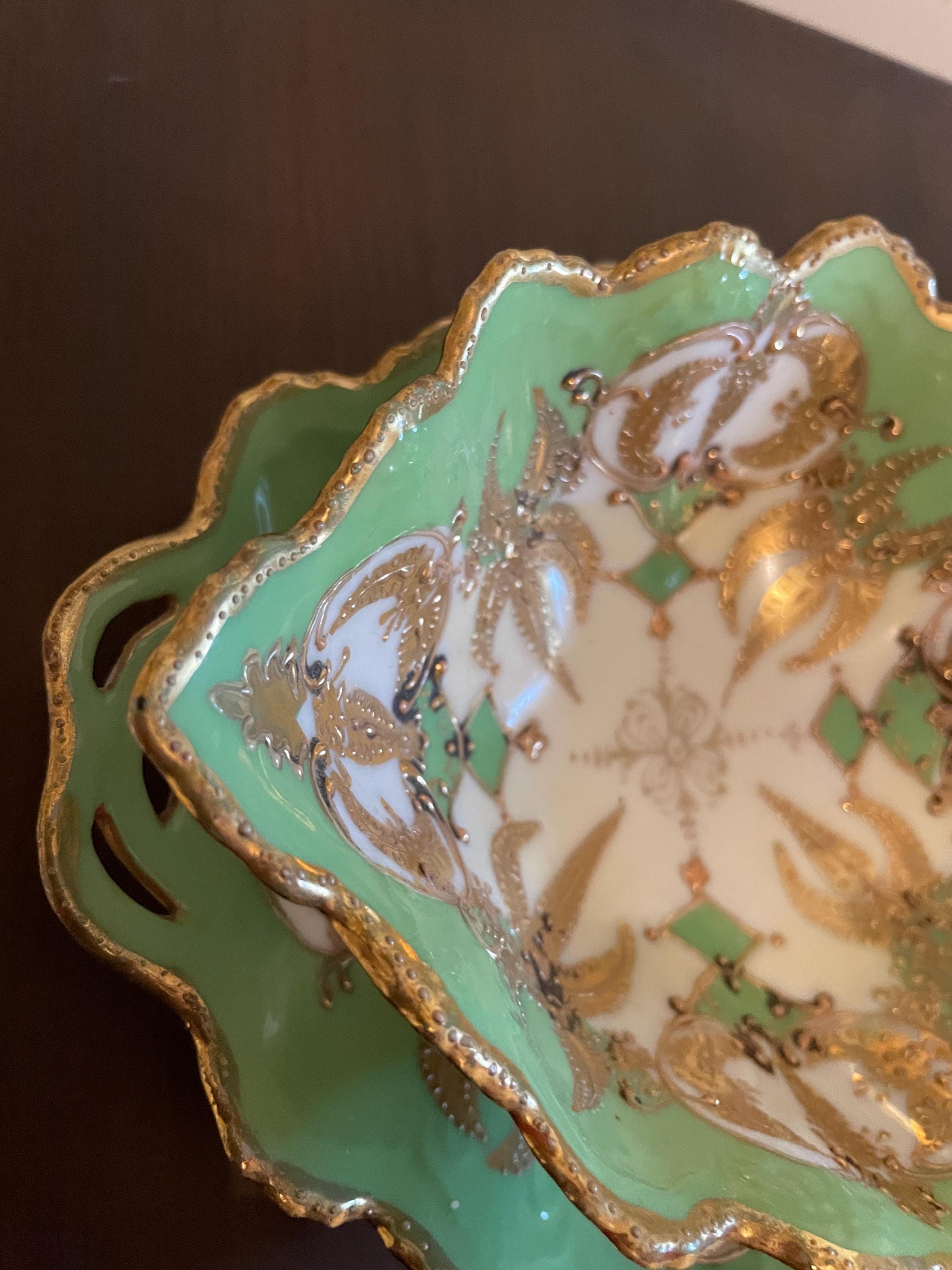 Antique Green Gold Porcelain Bowl Set Hand Painted Scalloped Edge Plates Mid-Century Serving Dish Tableware Sauce Serving Bowl Home Decor