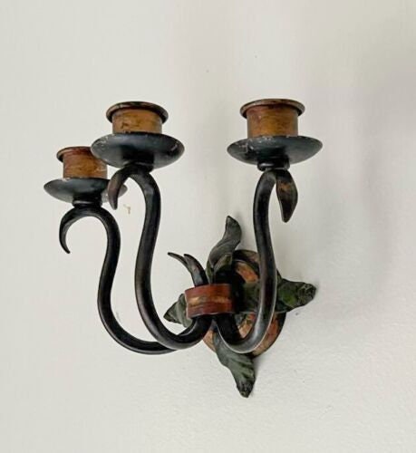 Polychromed Iron Vintage Italian Florentine Style Floral Mirror Wall Sconces Set French Gold Leaf Wrought Iron Decor Elegant Entry Accent