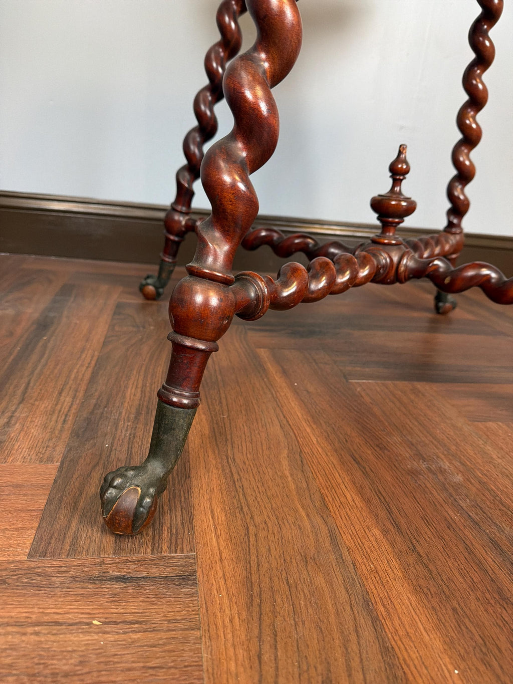 Antique English Barley Twist Side Table, Claw Foot Caster Accent Spiral Leg Table