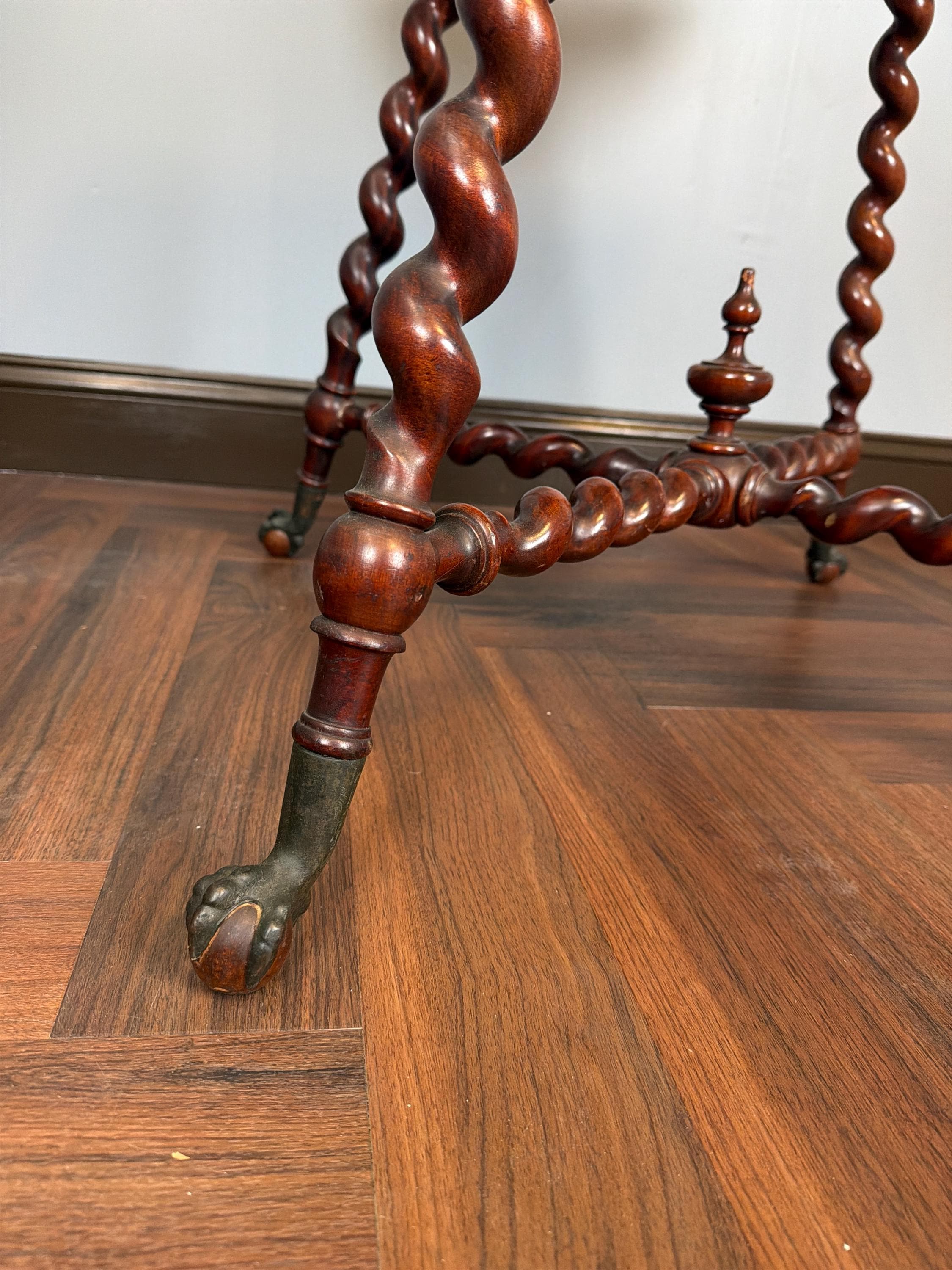 Antique English Barley Twist Side Table, Claw Foot Caster Accent Spiral Leg Table