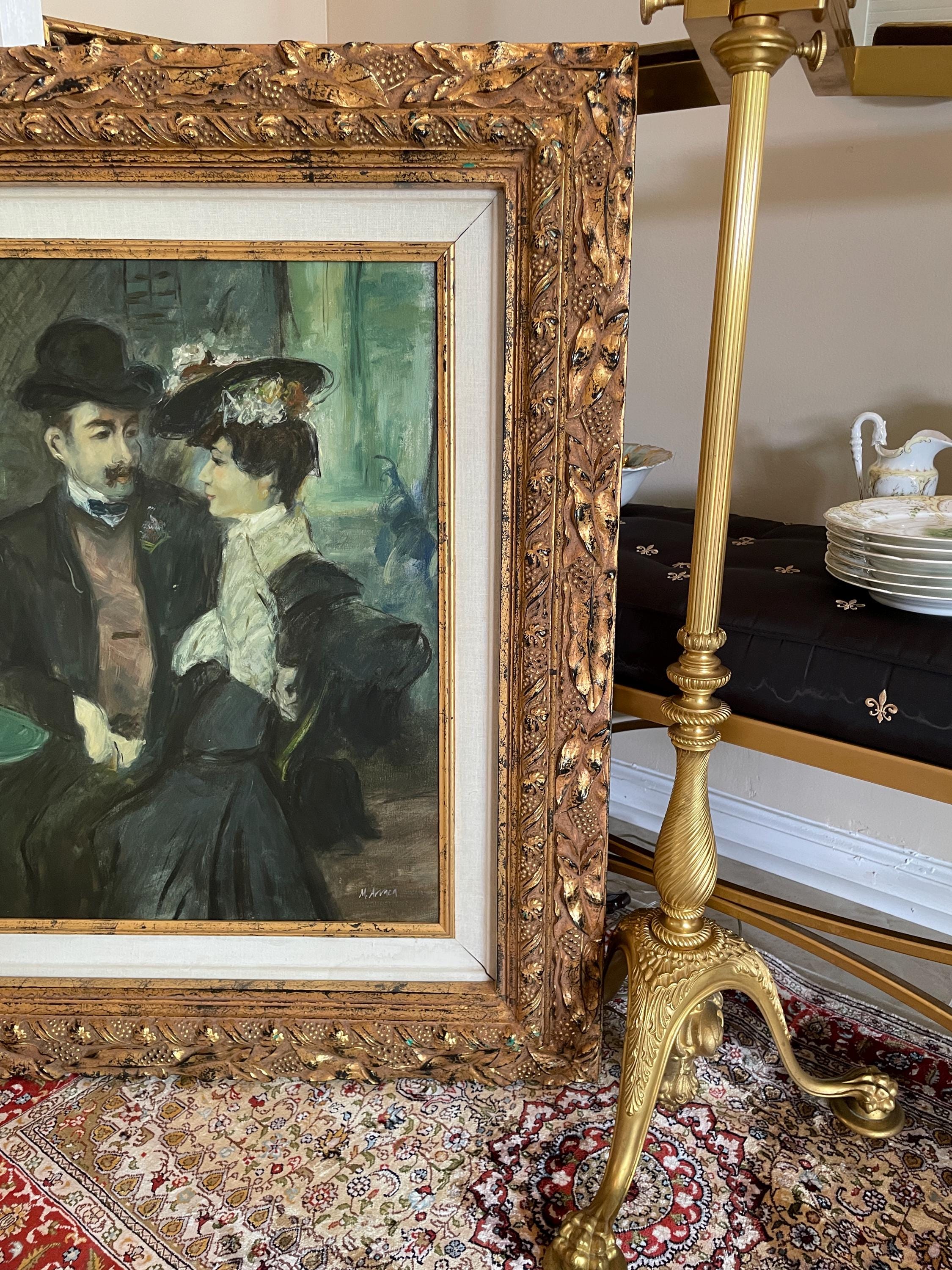 Vintage Framed Oil Painting Elegant Couple in Café Gold Leaf Ornate Frame Impressionist Style Interior Wall Art Signed Decoration Piece