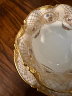 Antique French Limoges Porcelain Bowl Attached Underplate One-Piece Bowl Saucer Hand Painted Roses & Gold Gilt Serving Dish fixed Under-tray