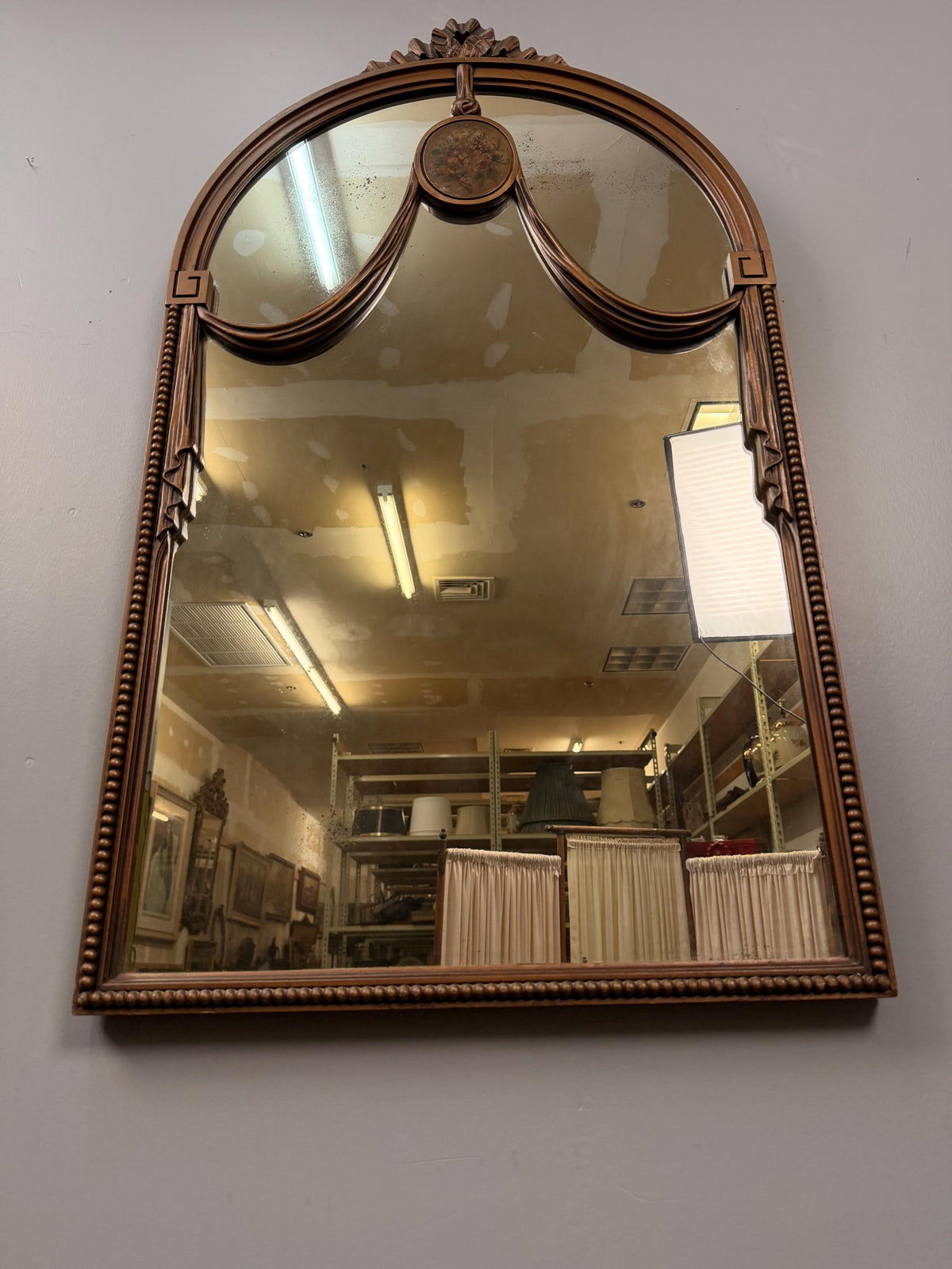 Vintage Louis XVI Neoclassical Wood Mirror, Bow & Swag Floral Medallion Wall Mirror